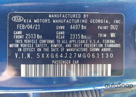 2021 Kia K5 Gt-Line z USA, uszkodzony, nr VIN 5XXG64J27MG061130